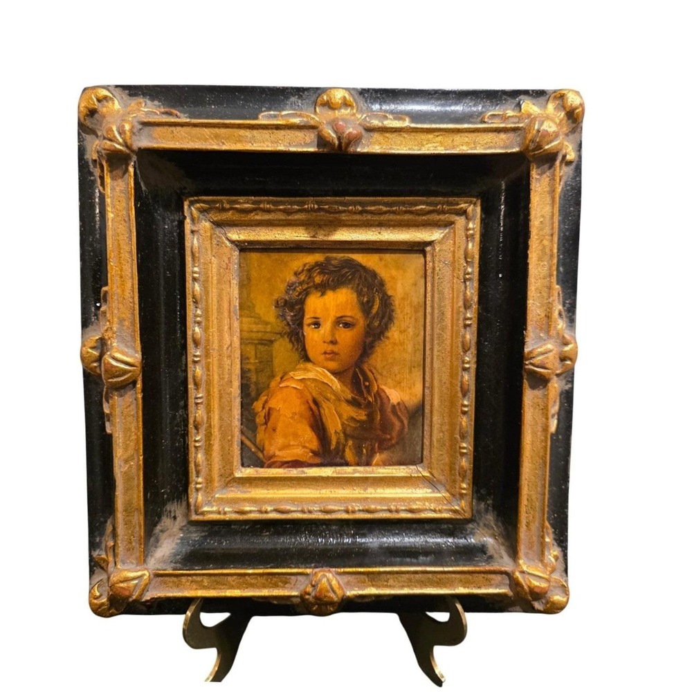Vintage Italian Oil Painting The Good Shepherd Ornate Wood Frame Black Gold